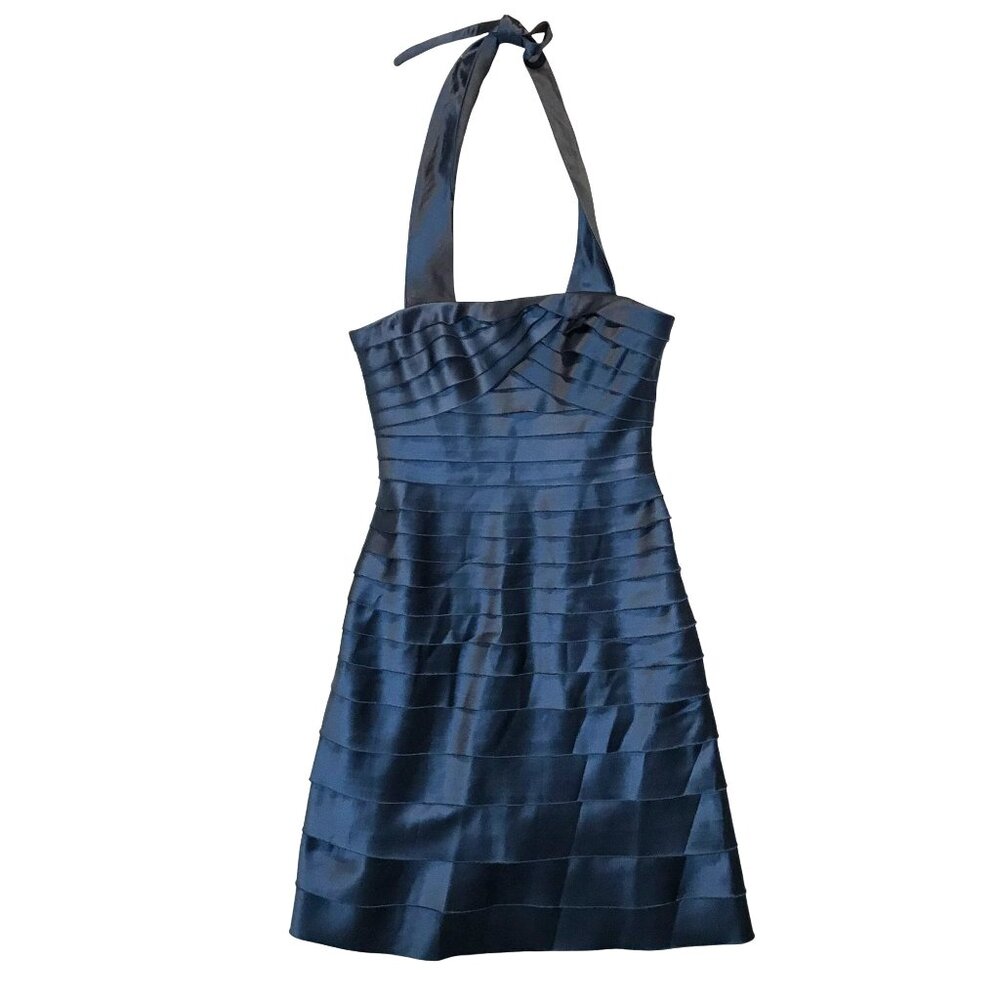 BCBGMaxAzria Halter Dress Size S Blue Polyester Mesh Lined Pleated Backless
